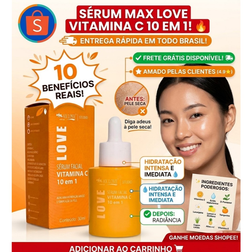 Sérum Vitamina C 10 em 1 Uniformiza o tom da Pele e HIdrata Original Max love