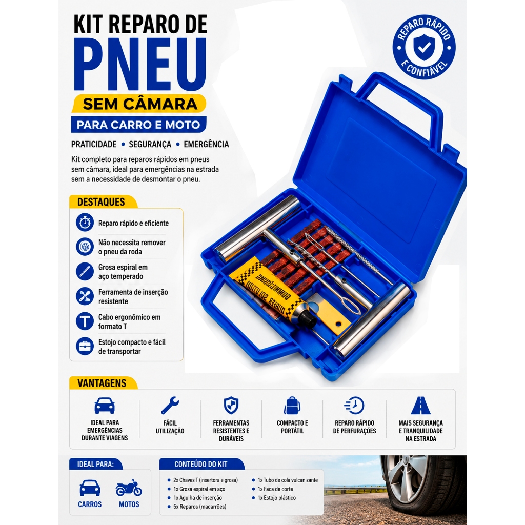 Kit Reparo Pneus Metal Refil Macarrao Carro Moto Maleta Linha Profissional Para Boracheiro