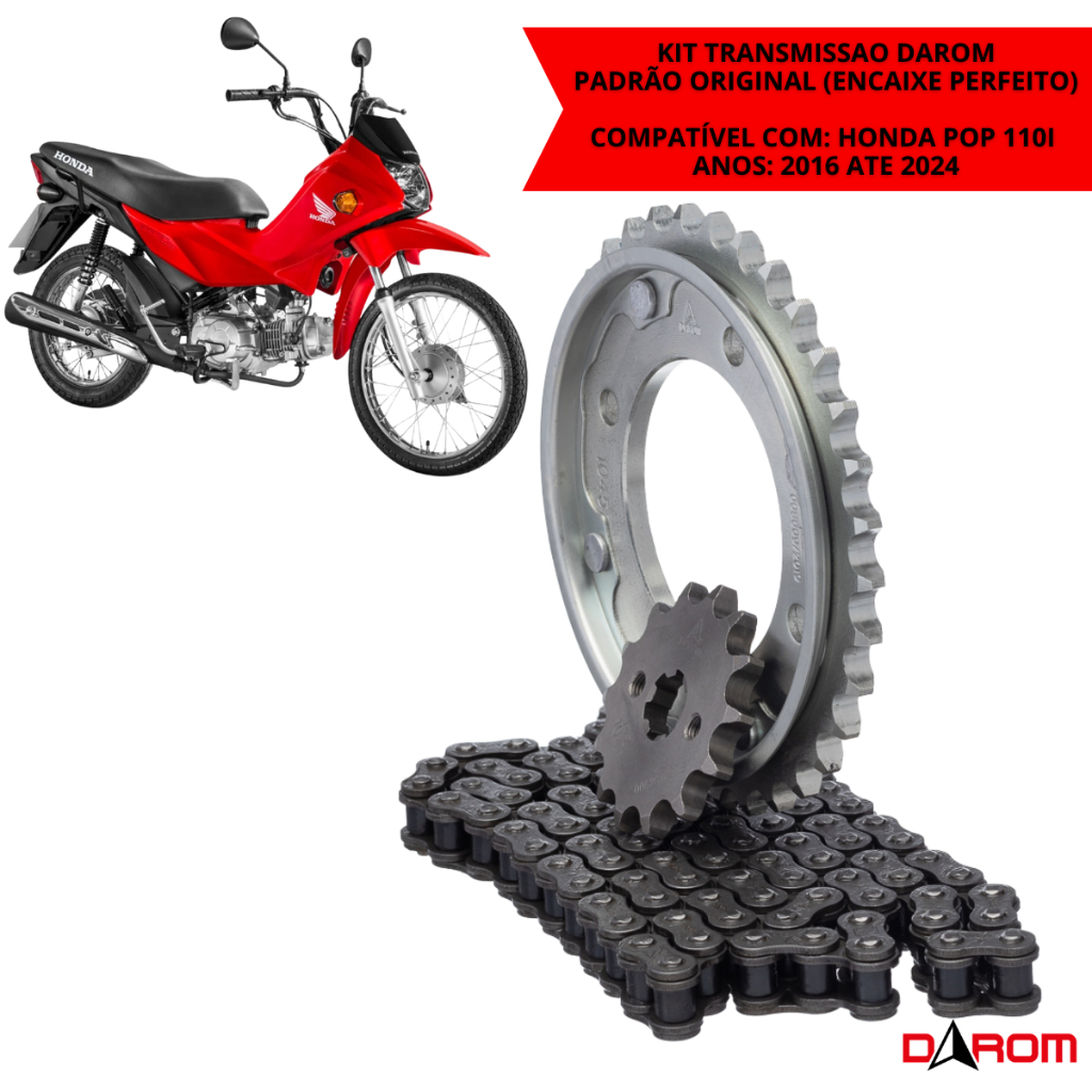 Kit Relação Transmissão Honda Pop 110i 2016 A 2024 Corrente 428H 104 Elos Coroa 34 Dentes Pinhão 14 Dentes Darom
