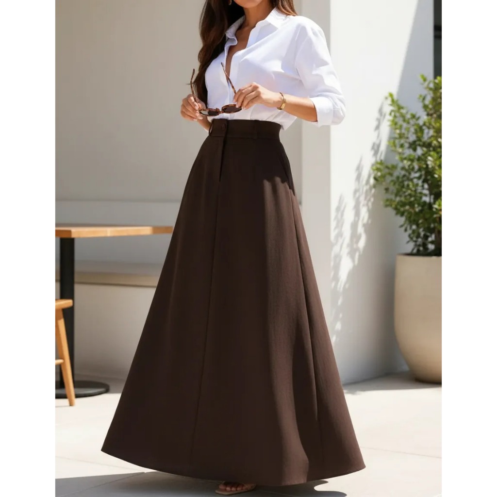 Saia Longa Midi Elegante Cintura Alta Linho Forrado Bolso Faca Ziper Frontal