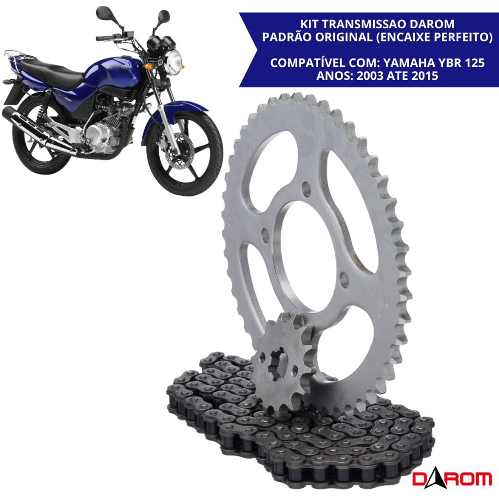 Kit Relação Transmissão Darom Yamaha YBR 125 2003 A 2008 Factor 125 2009 A 2015 Corrente 428H 118 Elos Coroa 45 Pinhão