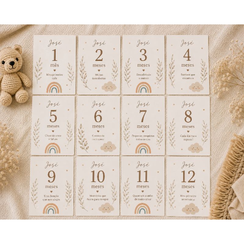 Kit Mesversário Personalizado 1 a 12 Meses Cards Bebê Foto Mensal
