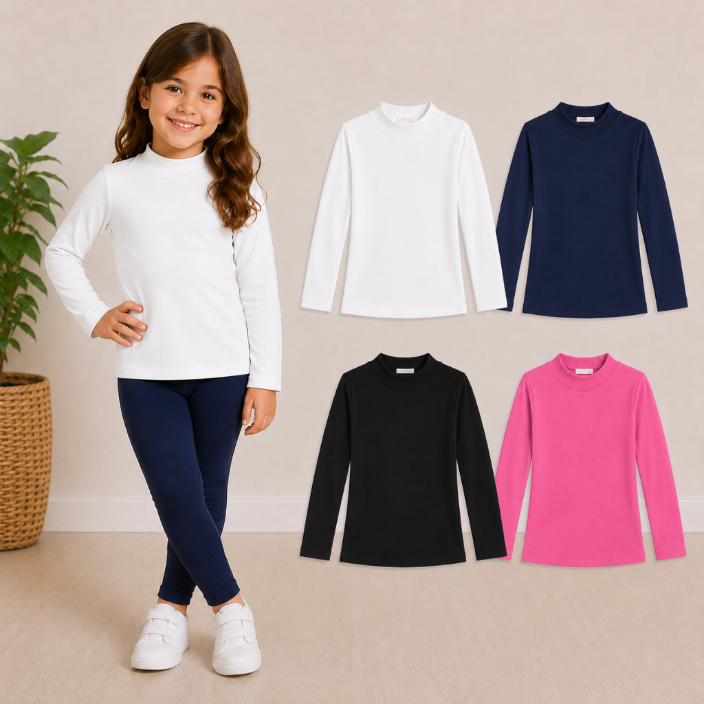 Kit 04 Blusas Térmica Peluciada Menina Infantil Manga Longa Meia Gola Escolar Básica Inverno Frio