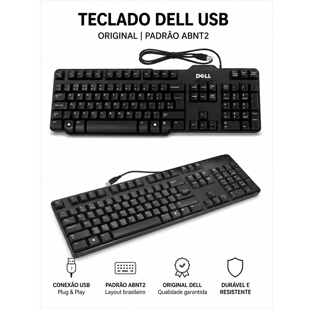 Teclado Dell Empresarial Cabo Usb Notebook e PC Preto Português ABNT2 Brasil Perfil ALTO