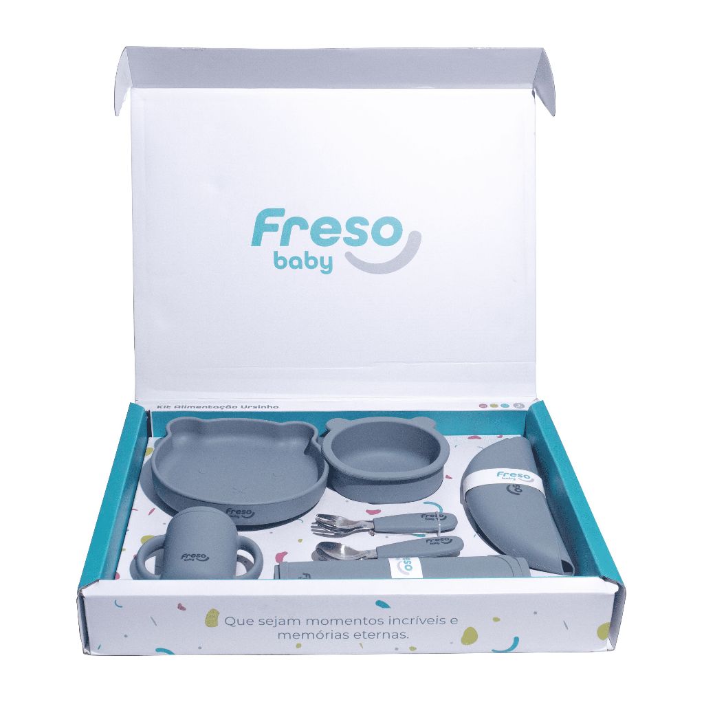 Kit Alimentação Ursinho Bebê em Silicone 7 Peças Freso Baby Cor Cinza Urso Livre BPA Segura Infantil Dia das Crianças