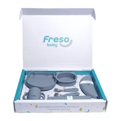 Kit Alimentação Ursinho Bebê em Silicone 7 Peças Freso Baby Cor Cinza Urso Livre BPA Segura Infantil Dia das Crianças
