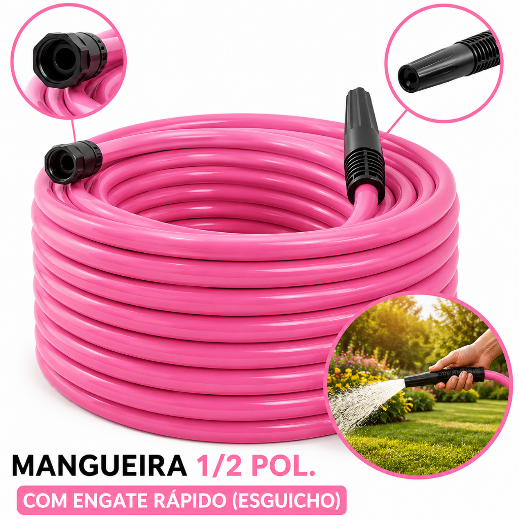 Mangueira Jardim 1/2 Silicone Rosa Flexível Com Bico 100% Resistente Com Esguicho Reforçada Premium