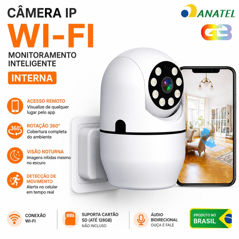 Câmera de Monitoramento Interno 3MP com Plugue WiFi 1080P Giratória P07