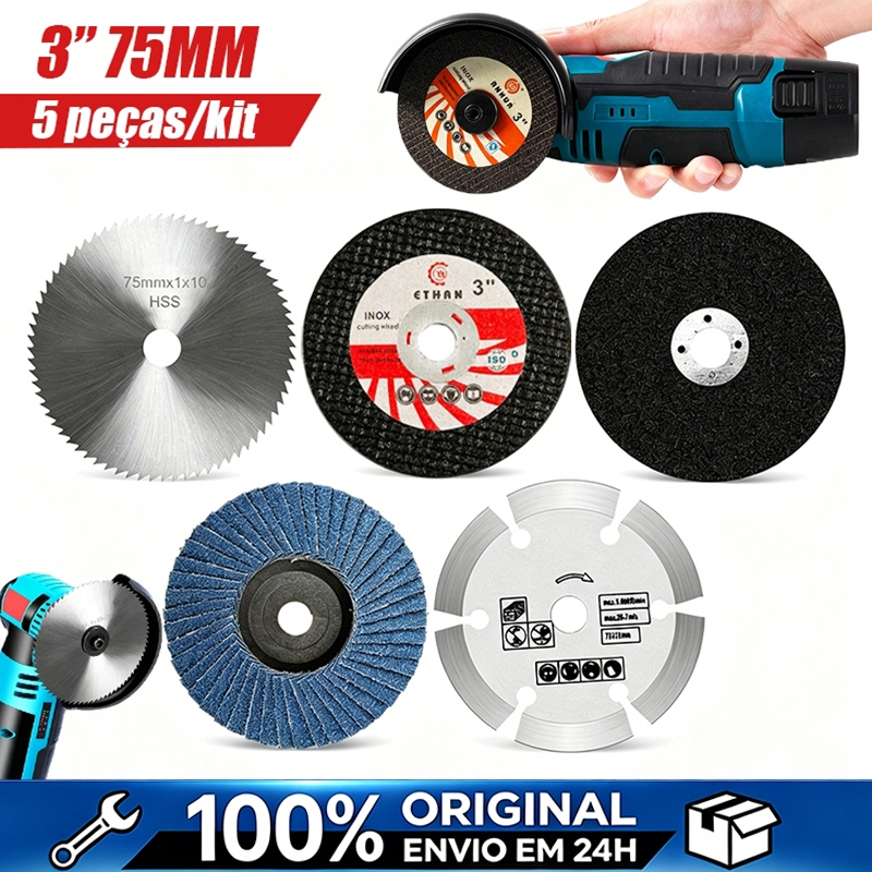 Conjunto Disco de Corte 75mm para Esmerilhadeira Angular Uso em Metal Madeira e Plástico