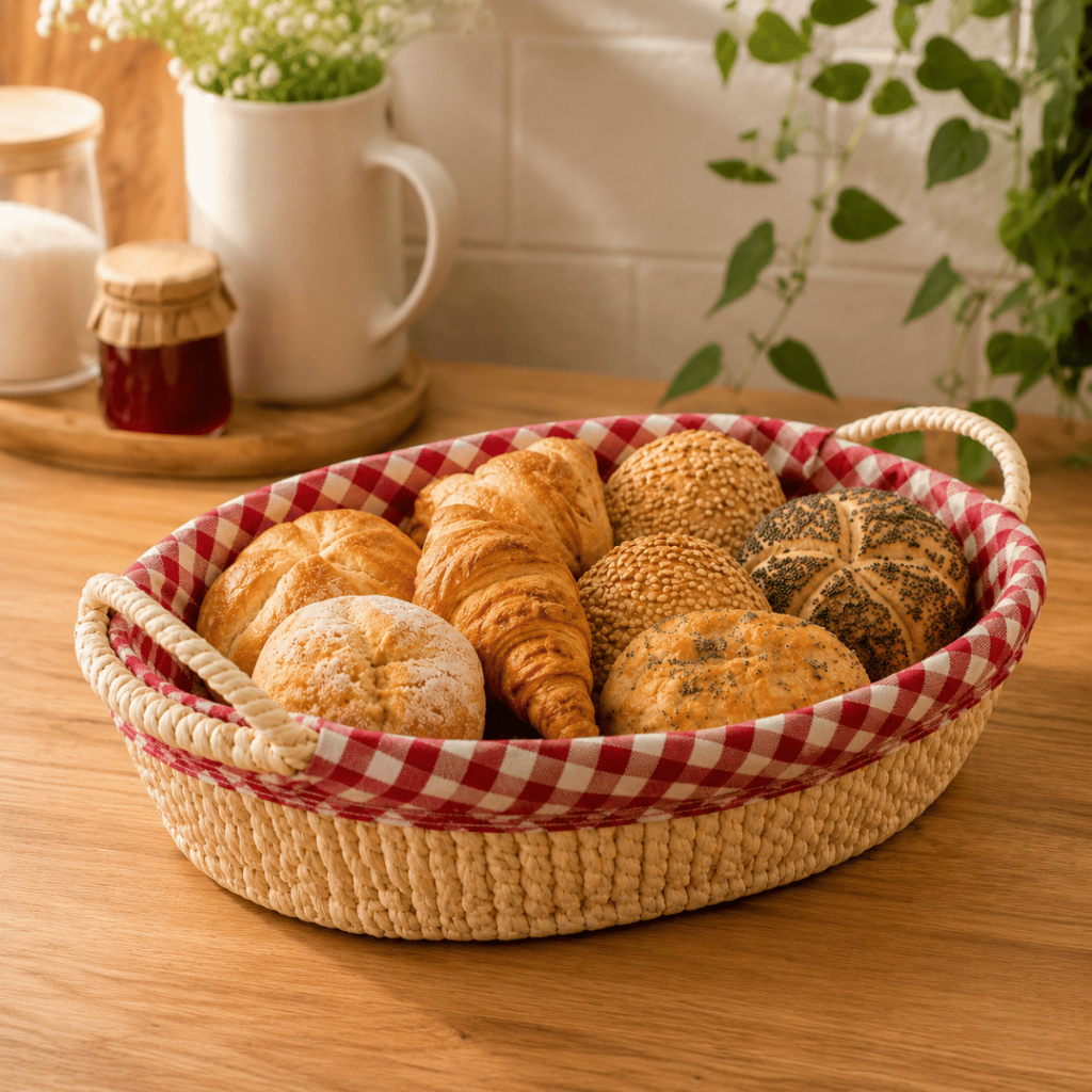 Cesta De Pão Redondo Oval Com Alça Em Papel Com Forro Em Tecido