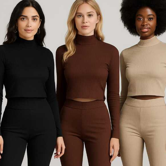 Cropped Gola Alta Canelado Manga Longa Comprida Moda Blogueira