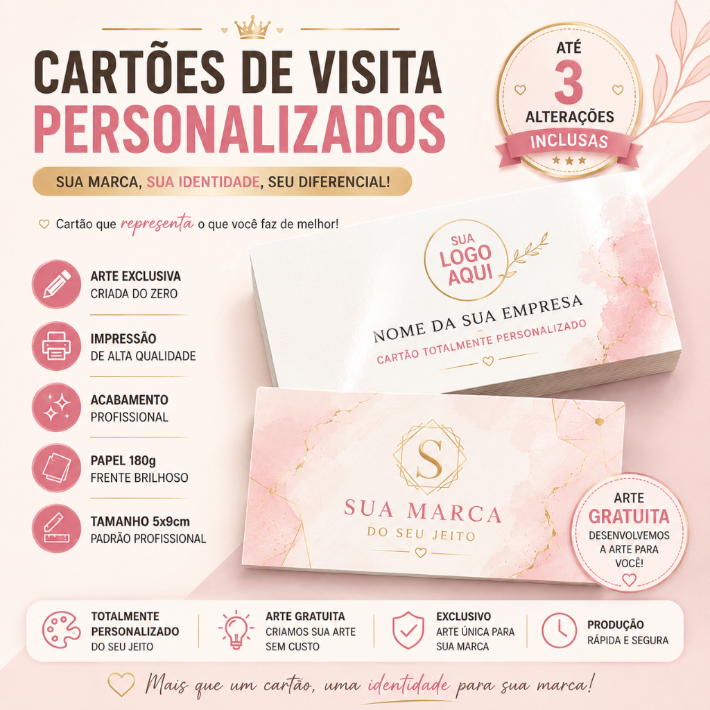 100 Cartão de Visita Personalizado 9x5,4cm | Arte Grátis | Papel 180g