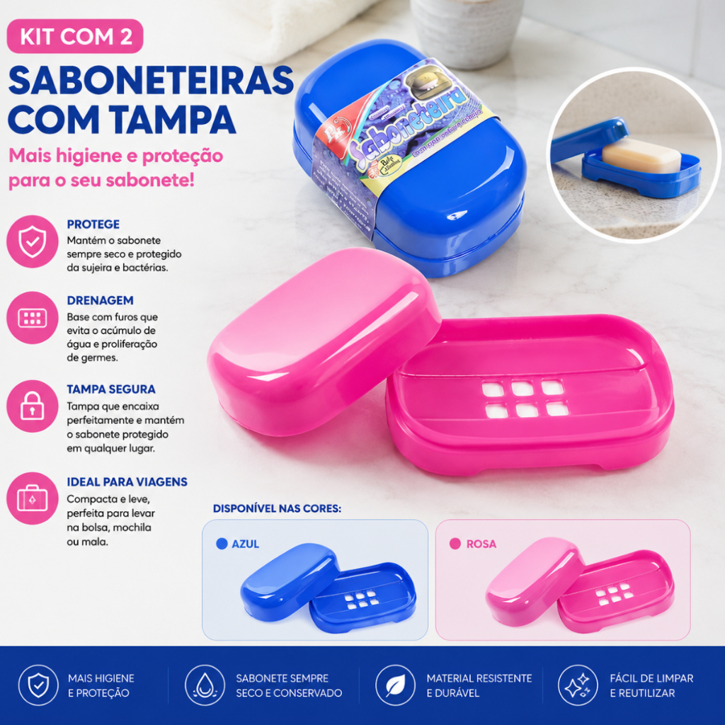 Kit 2 Saboneteira Porta Sabonete Com Drenagem e Tampa