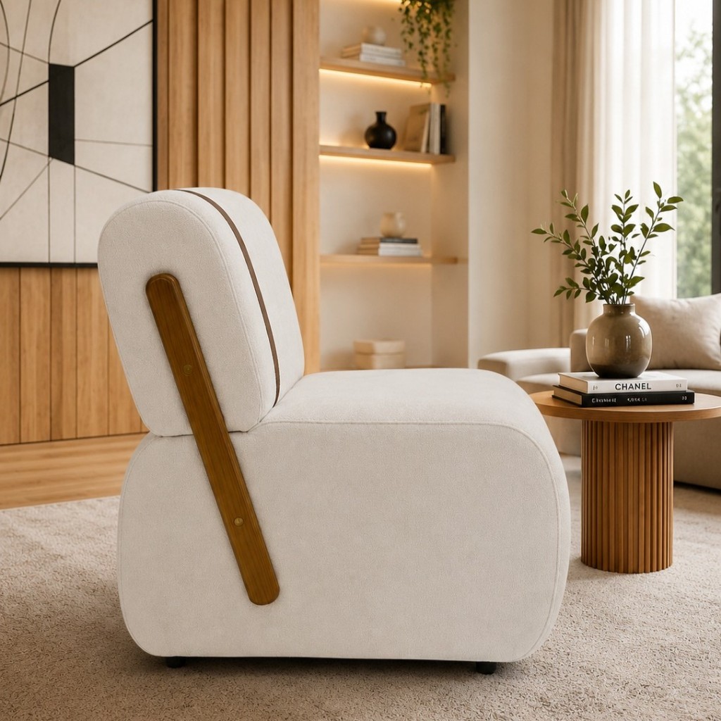 Poltrona Lisboa Orgânica Bouclê Off White Detalhe Madeira Faixa Courino Confortável Sala de Estar Recepção Quarto – AV · foto 2