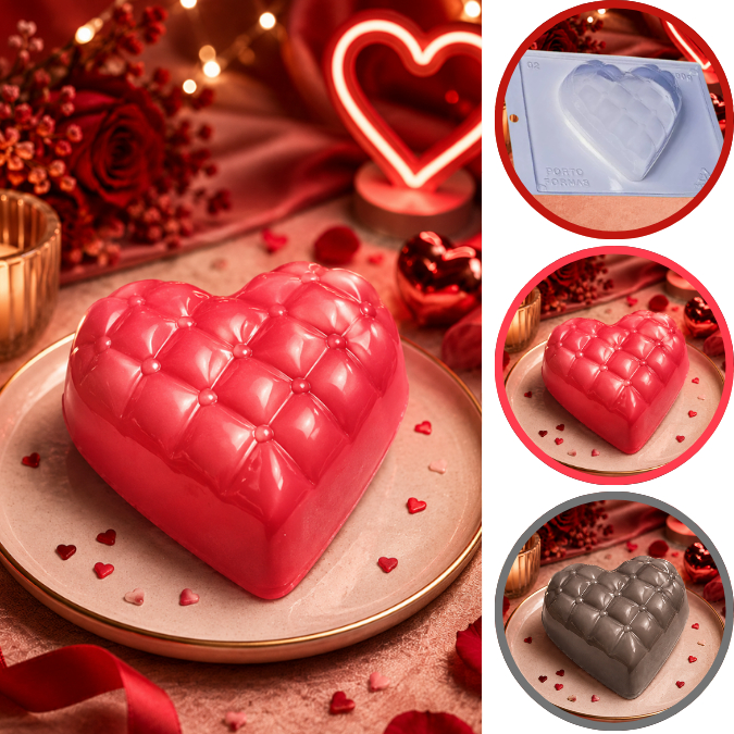 1~5 Forma Porto Com Silicone (3 partes) Para Chocolate CORAÇÃO ALMOFADINHA - CÓD 02 (CHOCO)