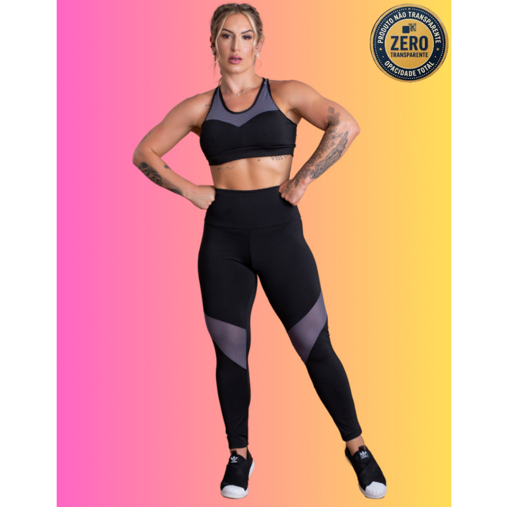 Conjunto Fitness Feminino Calça Legging Cintura Alta Tela Perna E Top Nadador Sustentação Academia ZERO TRANSPARÊNCIA