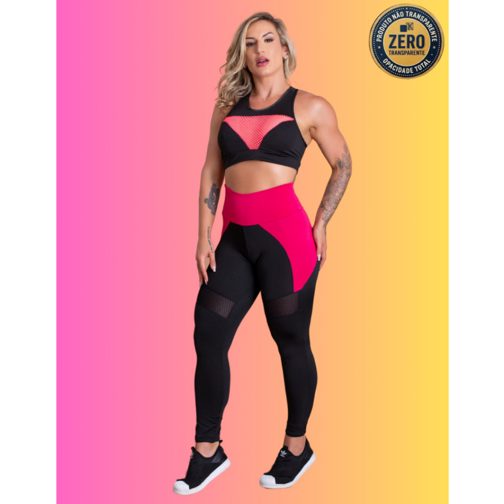 Conjunto Fitness Feminino Calça Legging Cintura Alta Recorte Cintura E Top Nadador Tela Academia ZERO TRANSPARÊNCIA
