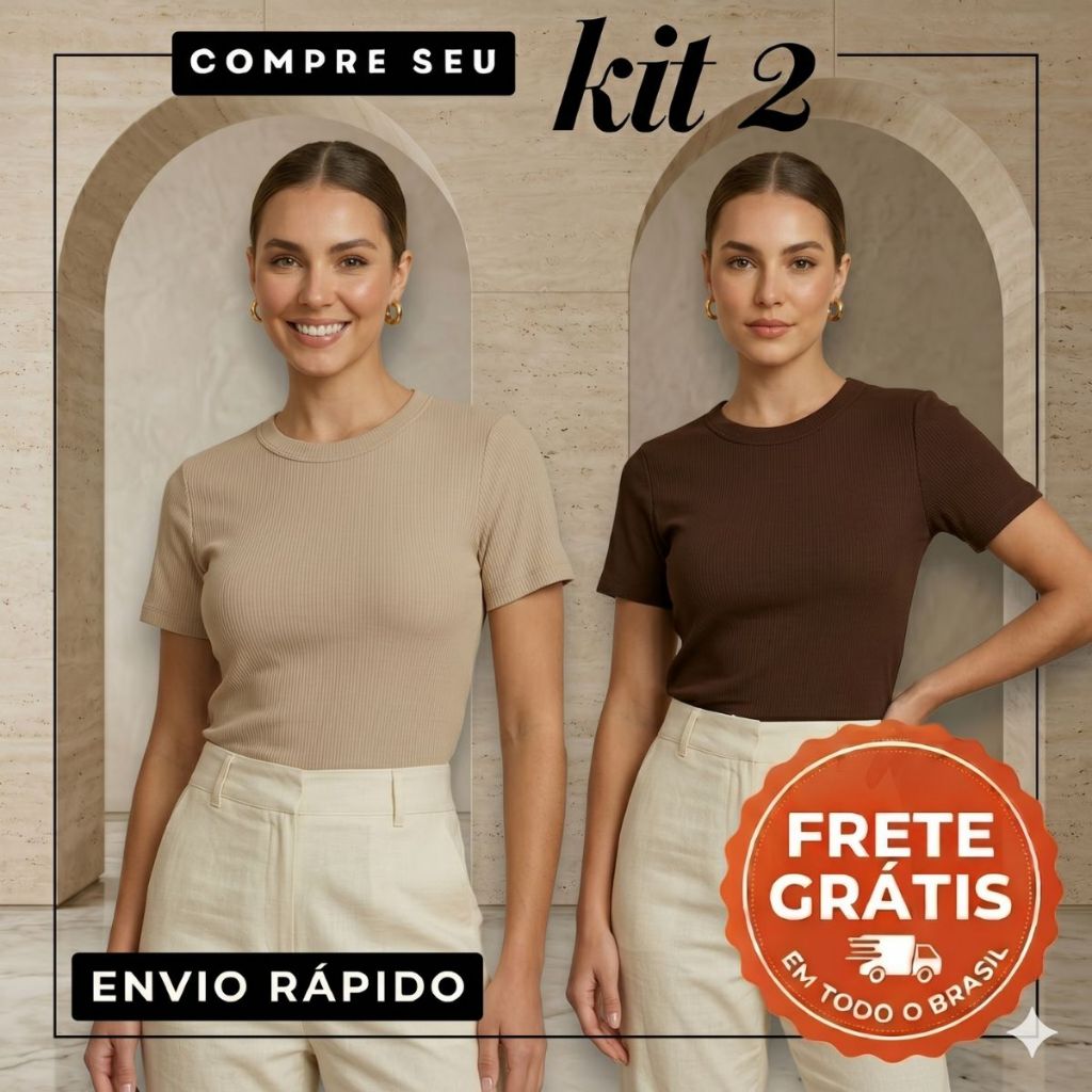 Kit 2 Blusas Femininas Caneladas Ribana T-Shirt Básica Casual Estilosa Tendência Moda Feminina Baby Look