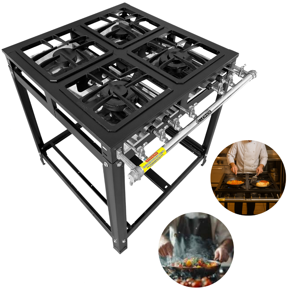Fogão Industrial 4 Bocas Ludinox Baixa Pressão 2 Queimador Duplo + 2 Queimador Simples Ferro Fundido