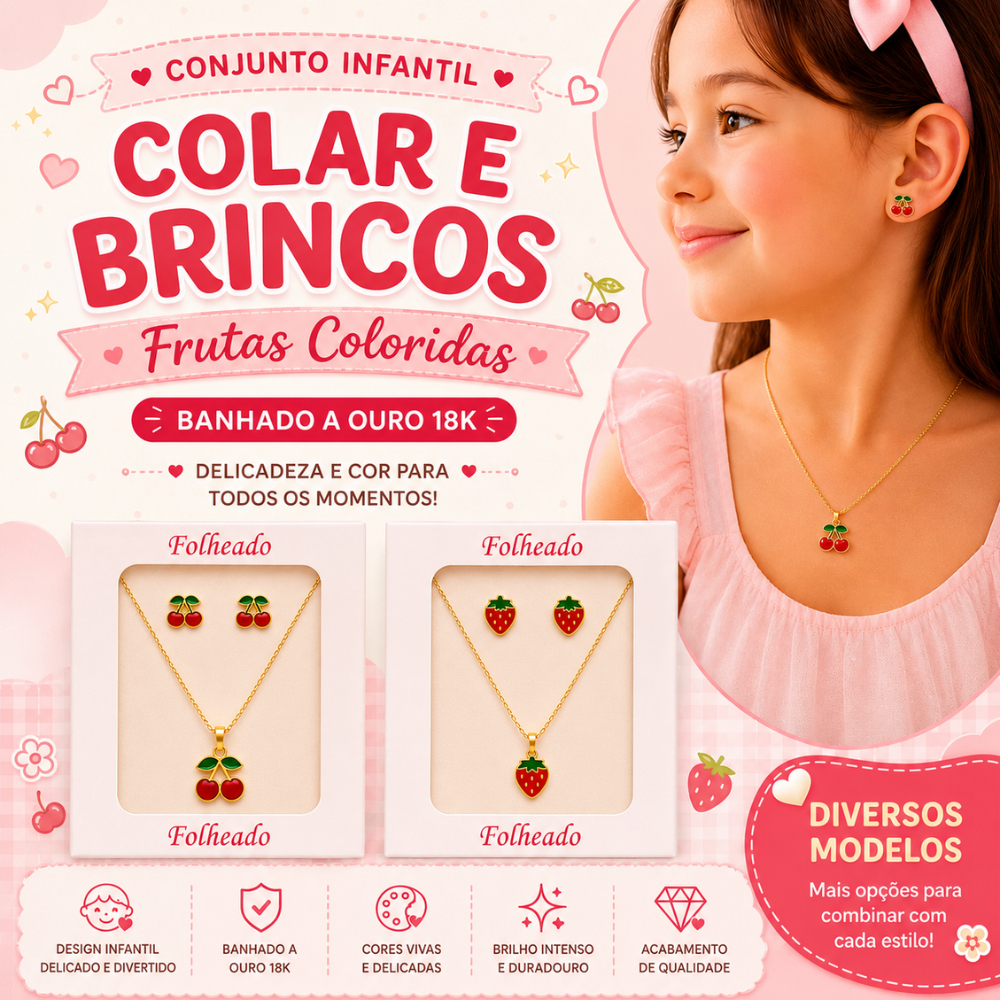 Conjunto Infantil Colar e Brincos Frutas Coloridas Banhado a Ouro 18K