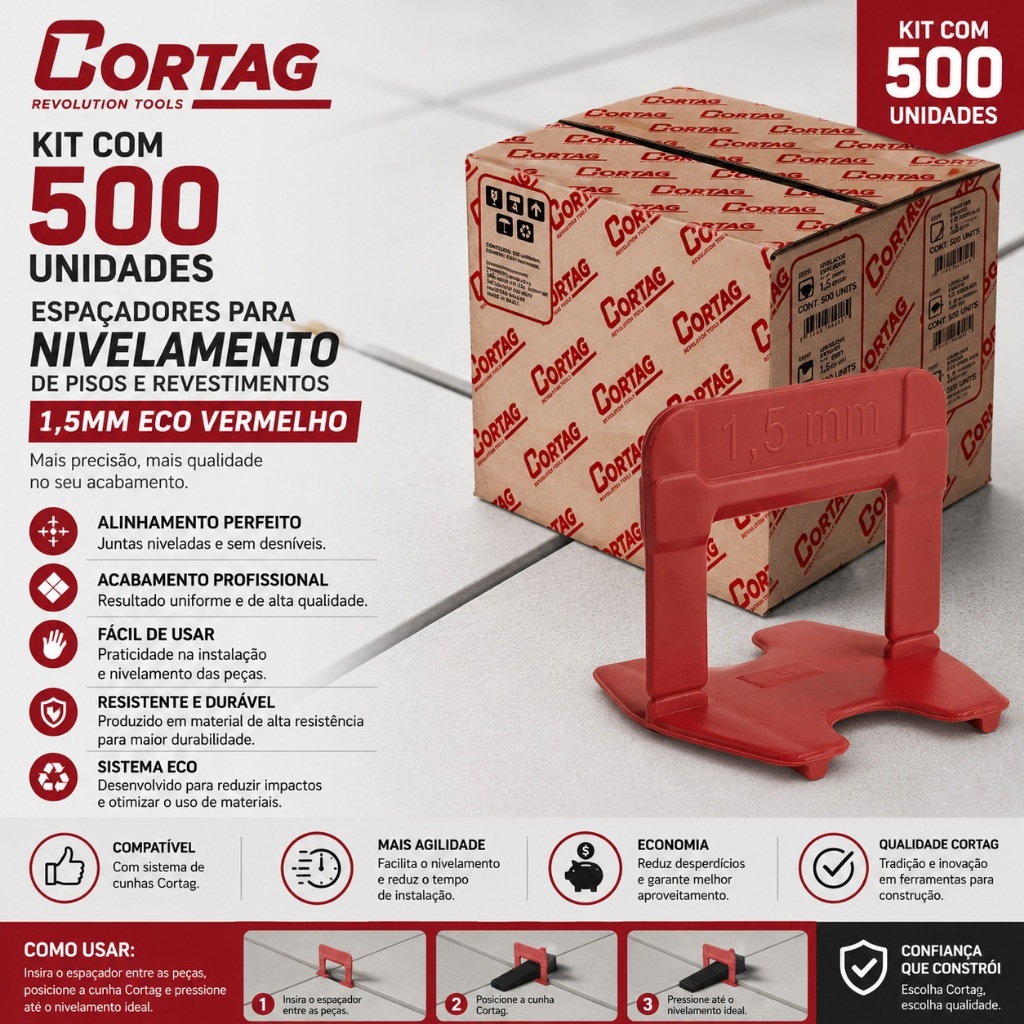 Kit Com 500 Espaçadores Para Nivelamento Piso Revestimento 1,5MM ECO Vermelho Cortag