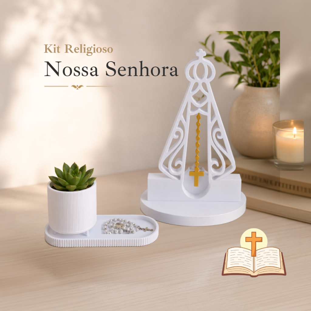 Kit Nossa Senhora Aparecida Decorativo | Porta Terço Mini Vaso Escultura | Presente | Religioso sala quarto pra decorar