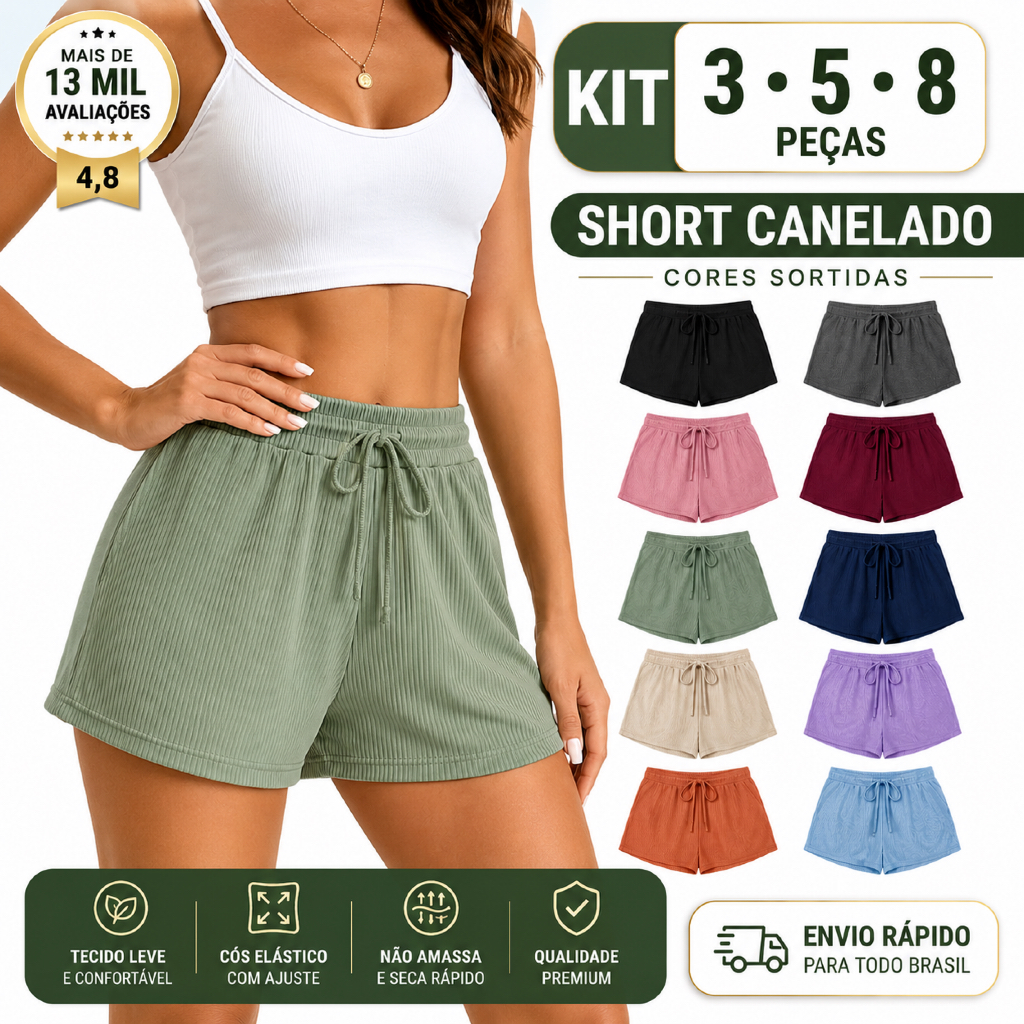 kit short canelado bermuda feminina adulto cores variadas revenda