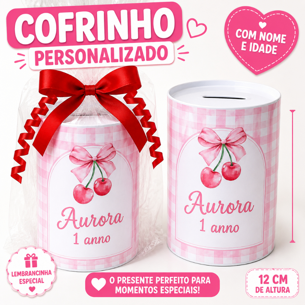 Cofrinho Personalizado Tema Cerejinha e Laços | Com Nome e Idade | Lembrancinha Aniversário Todos os temas