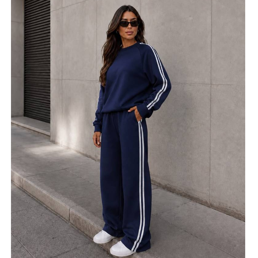 Conjunto Moletom Feminino 3 cabos Blusa + Calça Pantalona Streetwear Listrado