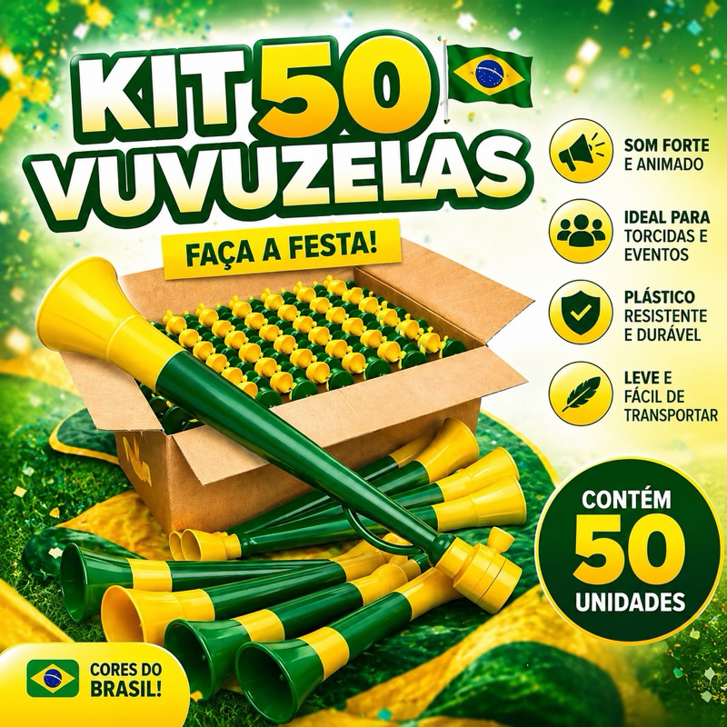 Buzina Vuvuzelas kit com 50 unidades Verde e Amarela 40cm Buzina Torcida Copa Brasil Festa Carnaval Atacado