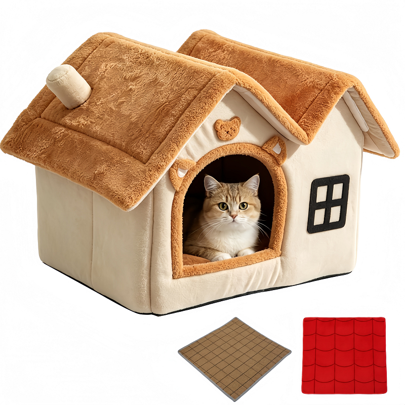 Toca Cama para Cães e Gatos 4-8kg Bege – Formato Igloo, Lavável, Resistente, Aconchegante