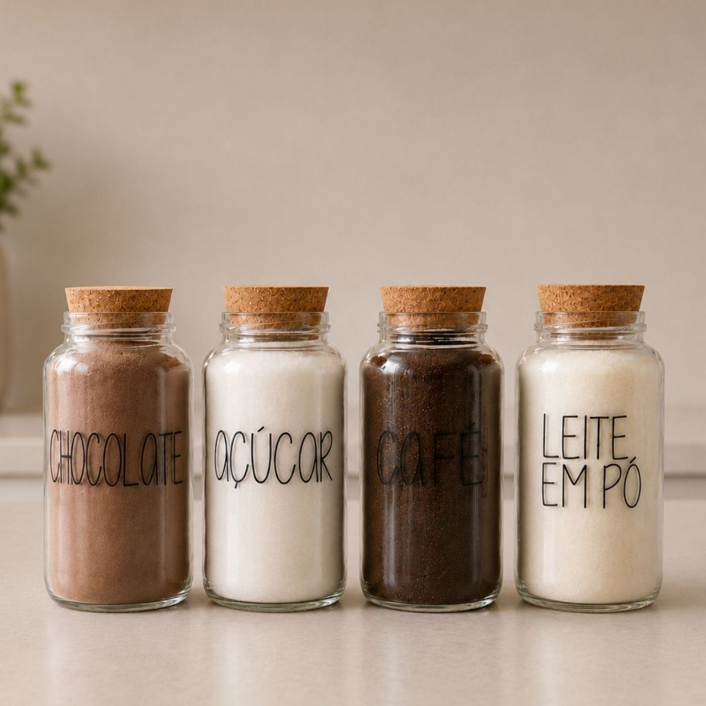 Kit Cantinho do Café | Café, Açúcar, Leite em Pó, Chocolate | 4 Potes de Vidro | Mantimento