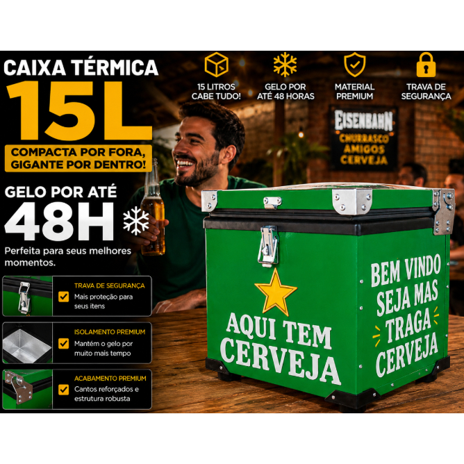 Caixa Térmica Premium 15L para Cerveja | Cooler Gourmet para Churrasco | Presente Criativo Masculino | Conserva Gelado p