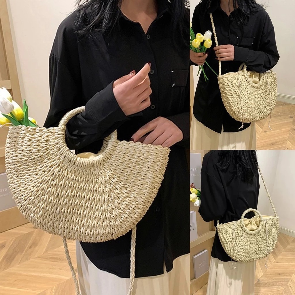 Bolsa Palha Artesanal Meia Lua Grande - Moda Casual Praia De Mão Verão