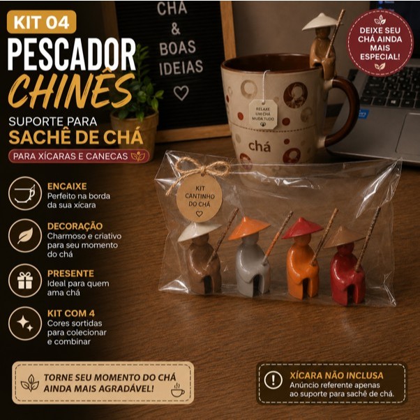 Adaptador Suporte de Saqunhos de Chá para Xícara Caneca Mod. Pescador Chinês. Decoração Enfeite Bom.