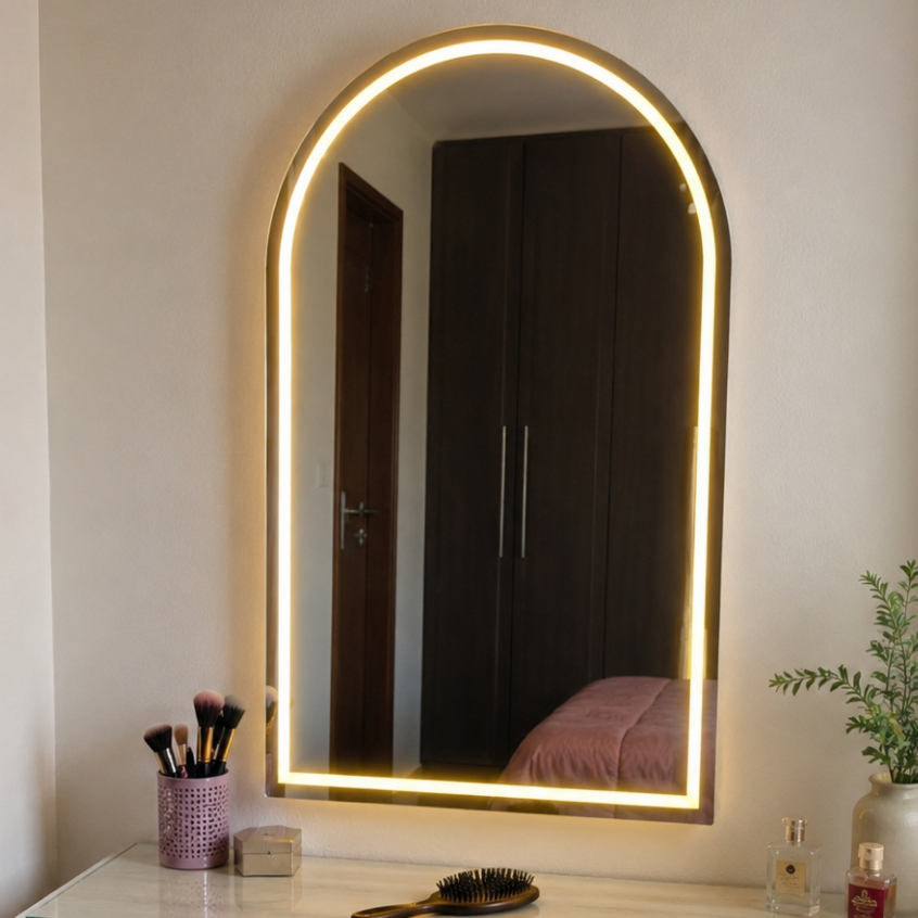 Espelho Jateado Oval Base Reta 100x80cm Arco Janela Lapidado com 3 cores Led Salão Maquiagem