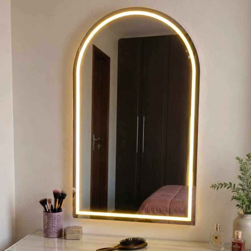 Espelho Jateado Arco Base Reta 100x80cm Arco Janela Lapidado com 3 cores Led Salão Maquiagem