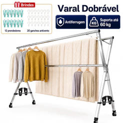 Varal Chão Roupa Retrátil Dobrável Aço Inoxidável Rodas 60kg de Reforçado Não Enferruja