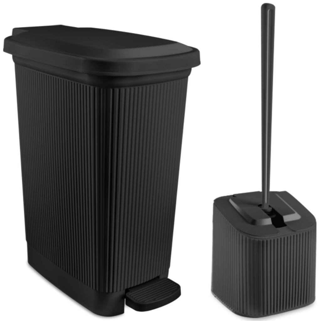 Kit Lixeira com Pedal 7 Litros Slim Canelada e Escova Sanitária - Usual Utilidades