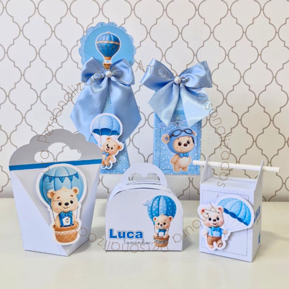 KIT DE CAIXAS PERSONALIZADAS PARA LEMBRANCINHAS URSINHO BALOEIRO AZUL|CAIXINHA|FESTA|ANIVERSARIO|URSO