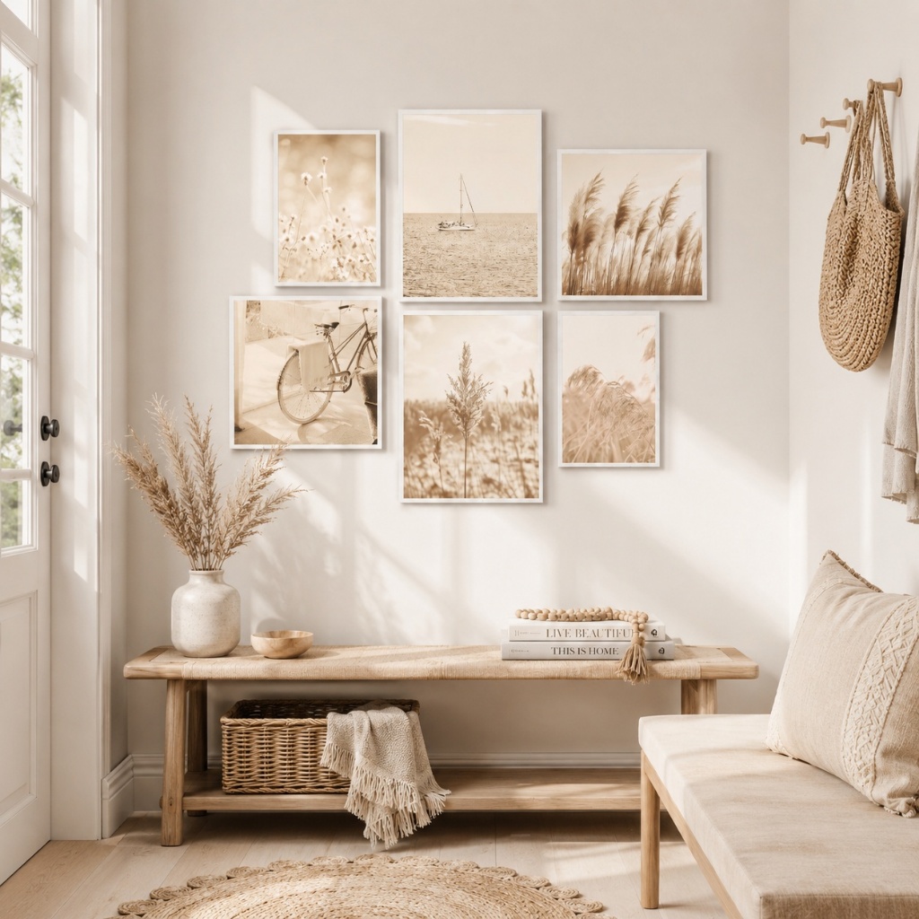 Quadros Decorativos Praia Bege Kit 6 Peças Boho Minimalista Sala Quarto Decoração