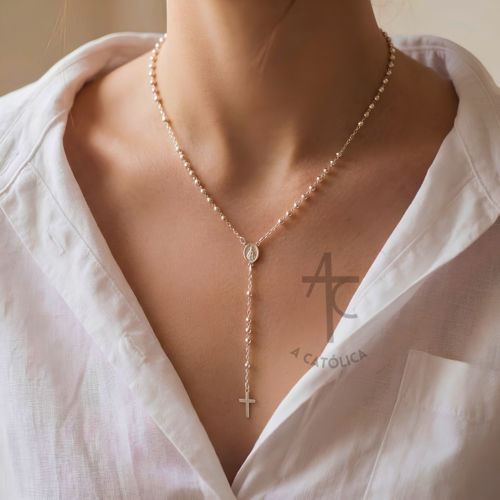 Colar Terço Dourado Nossa Senhora Aparecida com Relicário Banhado a ouro e Prata Católico Religioso