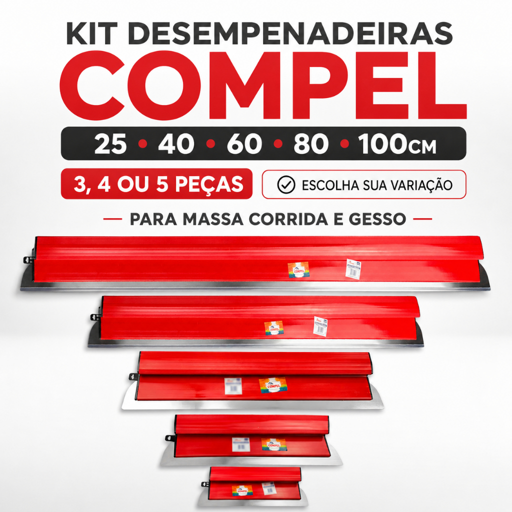 Kit Desempenadeira Inox Flexível Compel 25 40 60 80 100cm Massa Corrida Gesso Profissional