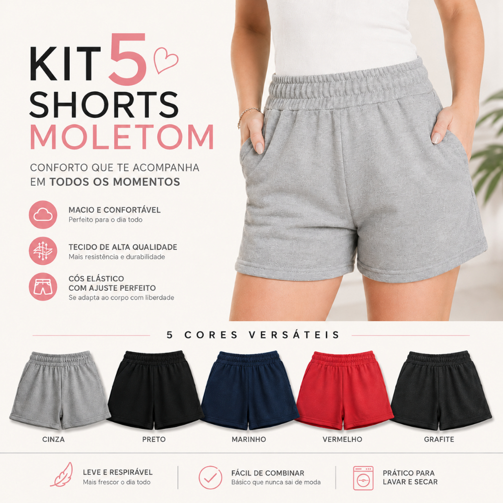 Kit 5  Short Moletom Feminino  Soltinho com Bolso Dia a Dia  Academia dins