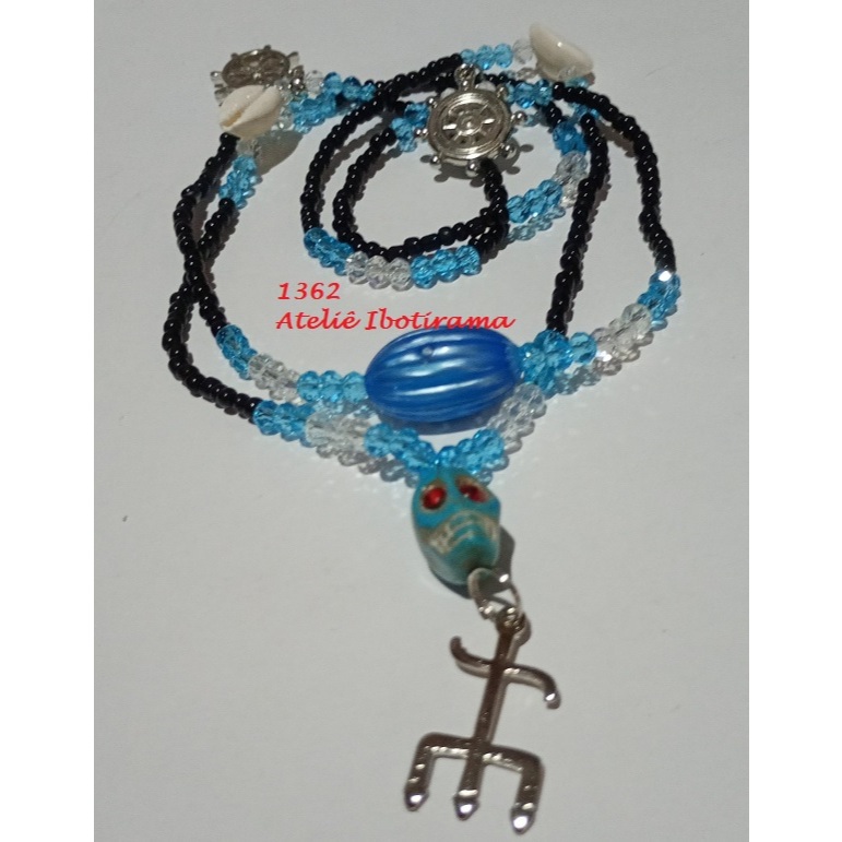 Colar guia Exú Maré - cristal/miçangas - pingente/firma/caveira