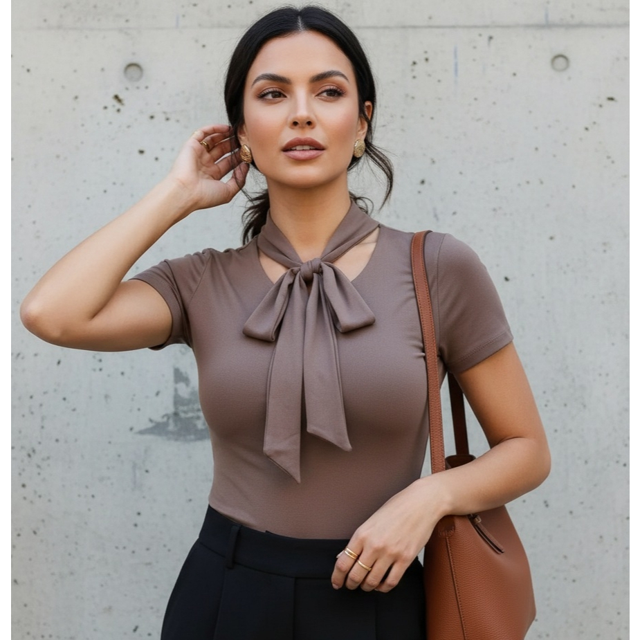 Blusa Feminina Laço Gravatinha Manga Curta Malha Romantic