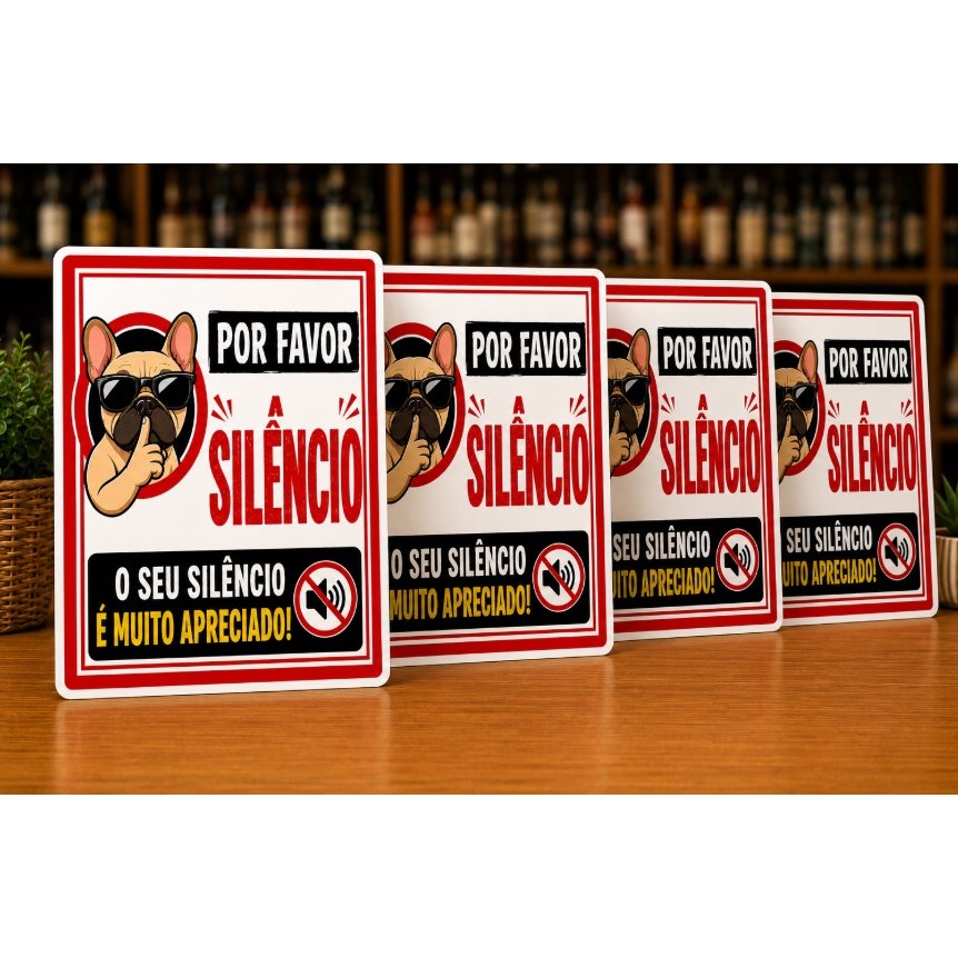 Kit 4 Placas Por Favor Silêncio Ambiente Silencioso Comunicação Visual Profissional