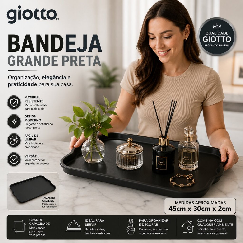 Bandeja Grande Preta Multiuso Resistente para Cozinha Café e Mesa Posta Organização Giotto