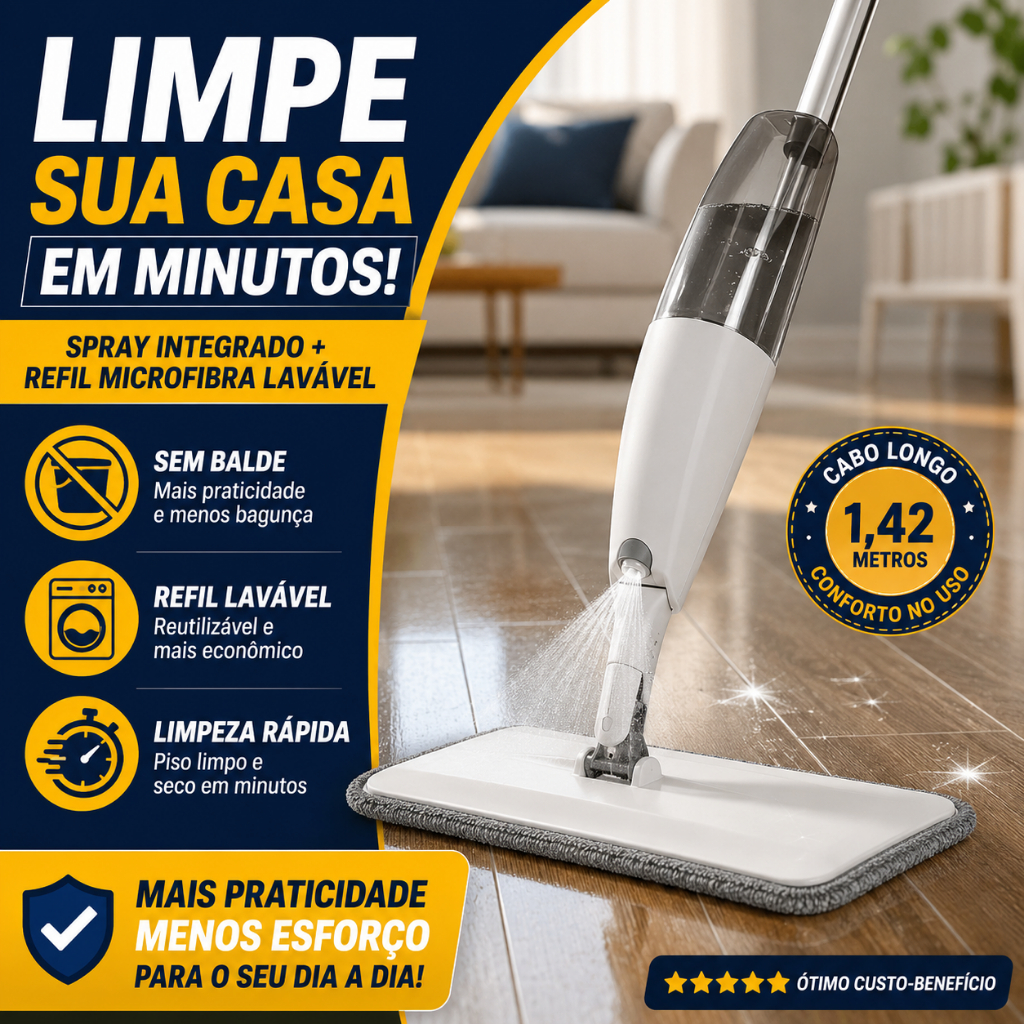 Mop Spray Cabo Longo 1,45m com Reservatório e Refil Microfibra Rodo Mágico Esfregão para Limpeza -BH