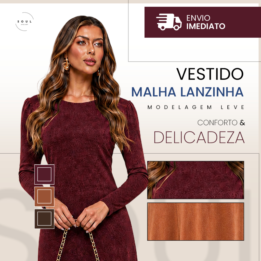 Vestido Feminino Longo Manga Longa Texturizado Gola Redonda Com Fenda Frontal Elegante Social Chique